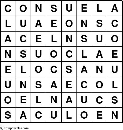 The grouppuzzles.com Answer grid for the Consuela puzzle for 
