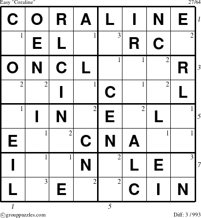 The grouppuzzles.com Easy Coraline puzzle for  with all 3 steps marked