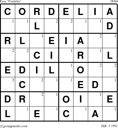 The grouppuzzles.com Easy Cordelia puzzle for  with the first 3 steps marked