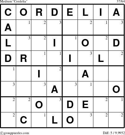 The grouppuzzles.com Medium Cordelia puzzle for  with the first 3 steps marked