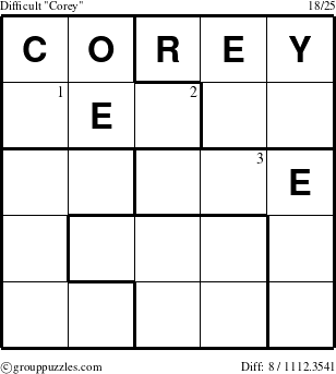The grouppuzzles.com Difficult Corey puzzle for  with the first 3 steps marked