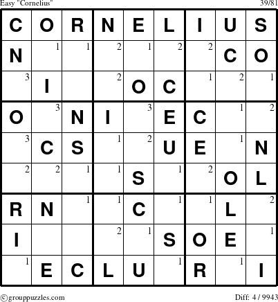The grouppuzzles.com Easy Cornelius puzzle for  with the first 3 steps marked