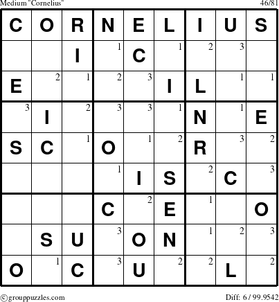 The grouppuzzles.com Medium Cornelius puzzle for  with the first 3 steps marked