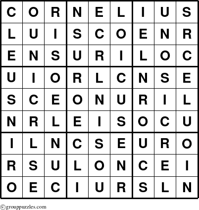 The grouppuzzles.com Answer grid for the Cornelius puzzle for 