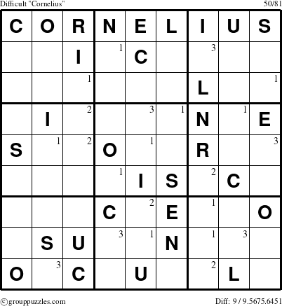 The grouppuzzles.com Difficult Cornelius puzzle for  with the first 3 steps marked