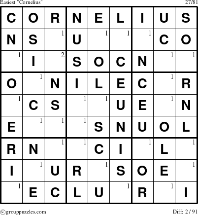 The grouppuzzles.com Easiest Cornelius puzzle for  with the first 2 steps marked