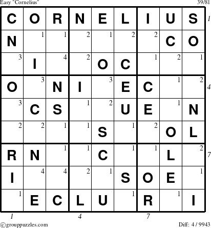 The grouppuzzles.com Easy Cornelius puzzle for  with all 4 steps marked
