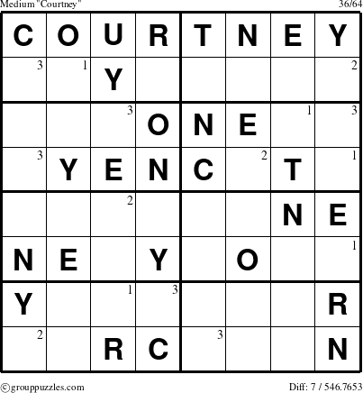 The grouppuzzles.com Medium Courtney puzzle for  with the first 3 steps marked