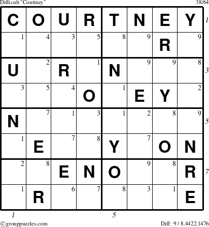 The grouppuzzles.com Difficult Courtney puzzle for  with all 9 steps marked