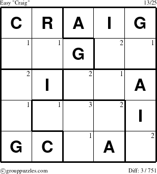 The grouppuzzles.com Easy Craig puzzle for  with the first 3 steps marked