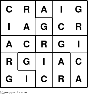 The grouppuzzles.com Answer grid for the Craig puzzle for 