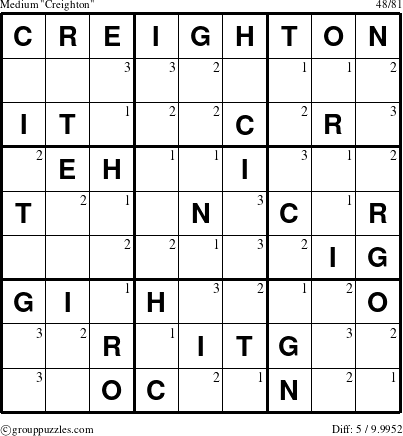 The grouppuzzles.com Medium Creighton puzzle for  with the first 3 steps marked