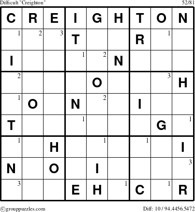 The grouppuzzles.com Difficult Creighton puzzle for  with the first 3 steps marked