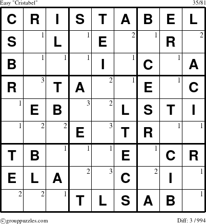 The grouppuzzles.com Easy Cristabel puzzle for  with the first 3 steps marked