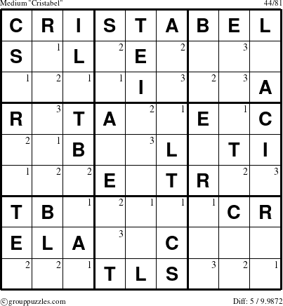 The grouppuzzles.com Medium Cristabel puzzle for  with the first 3 steps marked