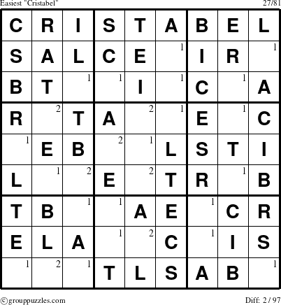 The grouppuzzles.com Easiest Cristabel puzzle for  with the first 2 steps marked