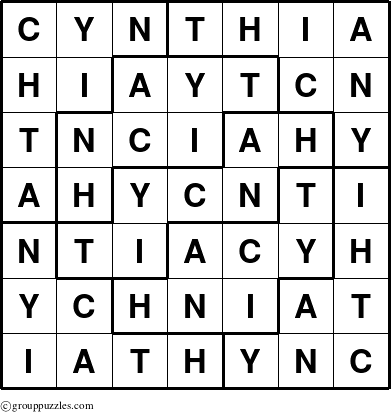 The grouppuzzles.com Answer grid for the Cynthia puzzle for 