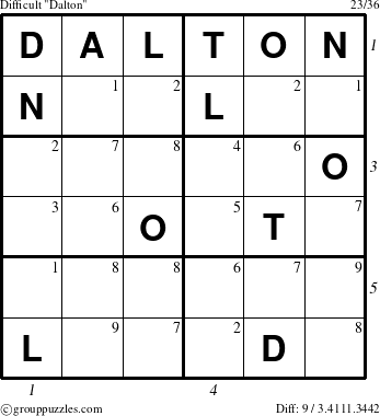 The grouppuzzles.com Difficult Dalton puzzle for  with all 9 steps marked