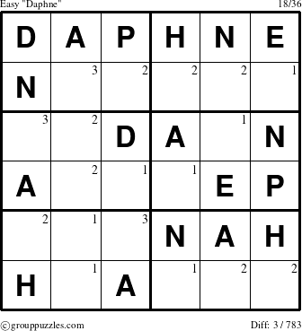 The grouppuzzles.com Easy Daphne puzzle for  with the first 3 steps marked