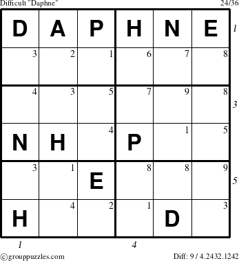 The grouppuzzles.com Difficult Daphne puzzle for  with all 9 steps marked