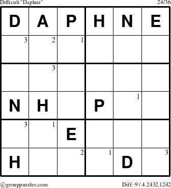 The grouppuzzles.com Difficult Daphne puzzle for  with the first 3 steps marked