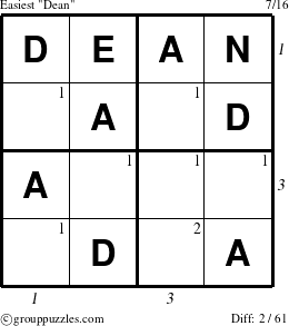 The grouppuzzles.com Easiest Dean puzzle for  with all 2 steps marked