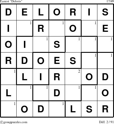 The grouppuzzles.com Easiest Deloris puzzle for  with the first 2 steps marked