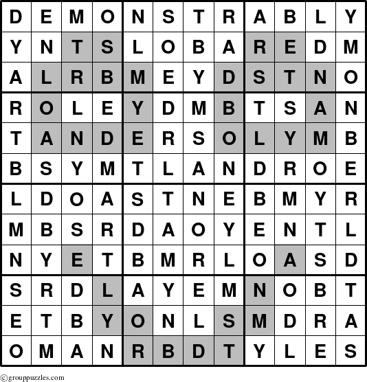 The grouppuzzles.com Answer grid for the Demonstrably puzzle for 