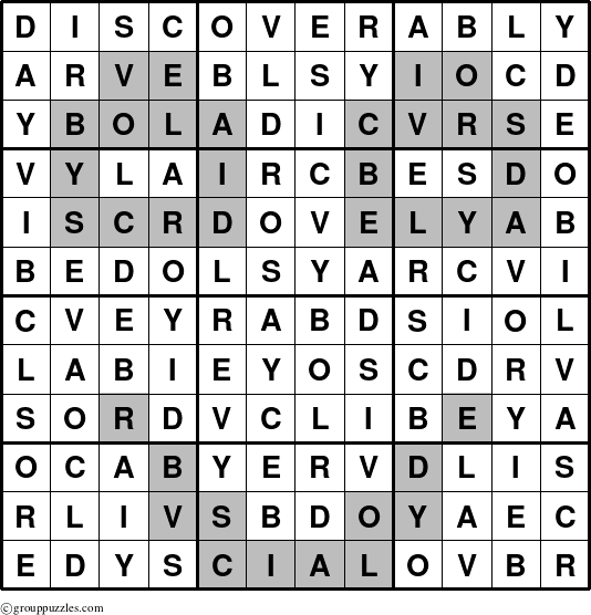 The grouppuzzles.com Answer grid for the Discoverably puzzle for 
