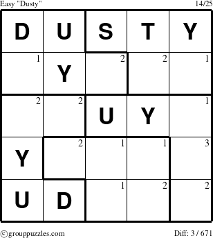 The grouppuzzles.com Easy Dusty puzzle for  with the first 3 steps marked