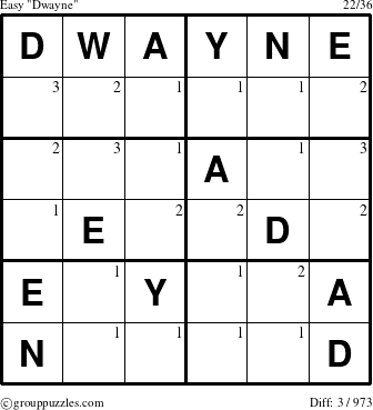 The grouppuzzles.com Easy Dwayne puzzle for  with the first 3 steps marked