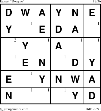 The grouppuzzles.com Easiest Dwayne puzzle for  with the first 2 steps marked