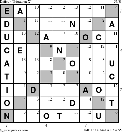 The grouppuzzles.com Difficult Education-X-c1 puzzle for  with all 13 steps marked