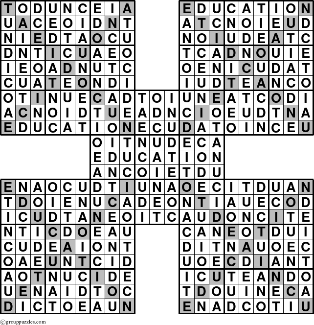 The grouppuzzles.com Answer grid for the Education-Xtreme puzzle for 