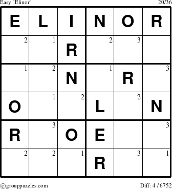 The grouppuzzles.com Easy Elinor puzzle for  with the first 3 steps marked