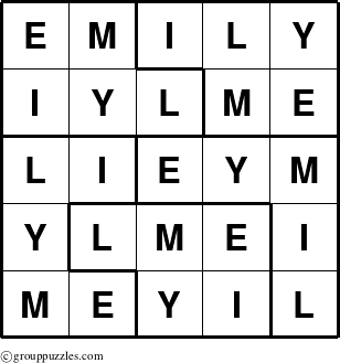 The grouppuzzles.com Answer grid for the Emily puzzle for 