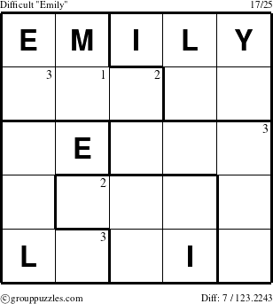 The grouppuzzles.com Difficult Emily puzzle for  with the first 3 steps marked
