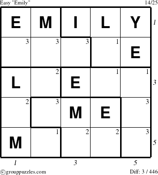 The grouppuzzles.com Easy Emily puzzle for  with all 3 steps marked