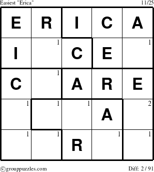 The grouppuzzles.com Easiest Erica puzzle for  with the first 2 steps marked
