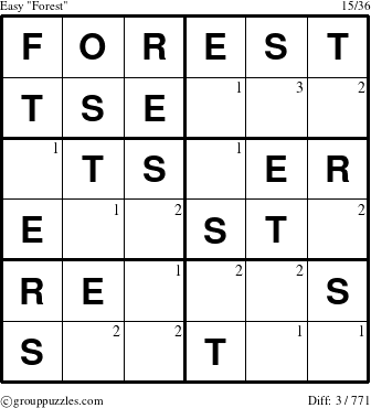 The grouppuzzles.com Easy Forest puzzle for  with the first 3 steps marked