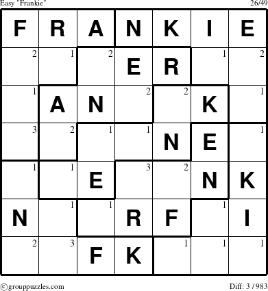 The grouppuzzles.com Easy Frankie puzzle for  with the first 3 steps marked