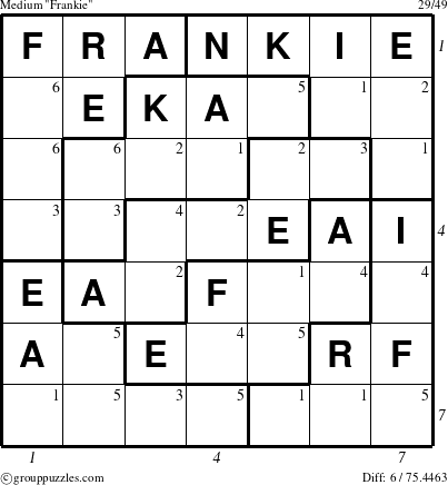 The grouppuzzles.com Medium Frankie puzzle for  with all 6 steps marked