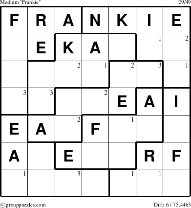 The grouppuzzles.com Medium Frankie puzzle for  with the first 3 steps marked