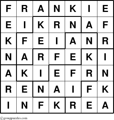 The grouppuzzles.com Answer grid for the Frankie puzzle for 