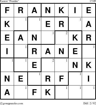 The grouppuzzles.com Easiest Frankie puzzle for  with the first 2 steps marked