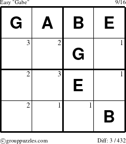 The grouppuzzles.com Easy Gabe puzzle for  with the first 3 steps marked