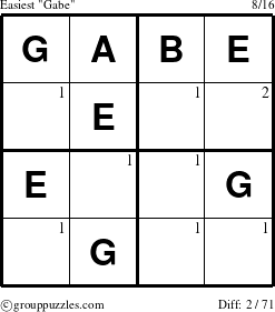 The grouppuzzles.com Easiest Gabe puzzle for  with the first 2 steps marked