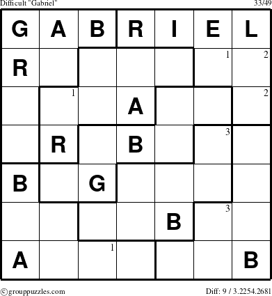 The grouppuzzles.com Difficult Gabriel puzzle for  with the first 3 steps marked