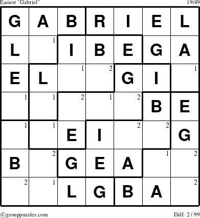 The grouppuzzles.com Easiest Gabriel puzzle for  with the first 2 steps marked