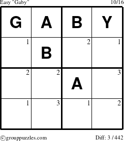 The grouppuzzles.com Easy Gaby puzzle for  with the first 3 steps marked